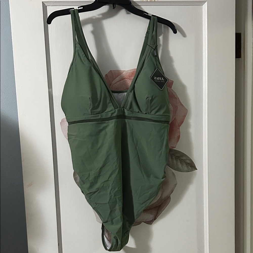 Zaful Olive Green V-Neck One-Piece Swimsuit